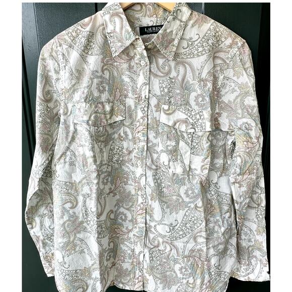 Ralph Lauren Sz PL Pastel Paisley Pin Stripe 100% Cotton Button Up Blouse - Picture 1 of 7